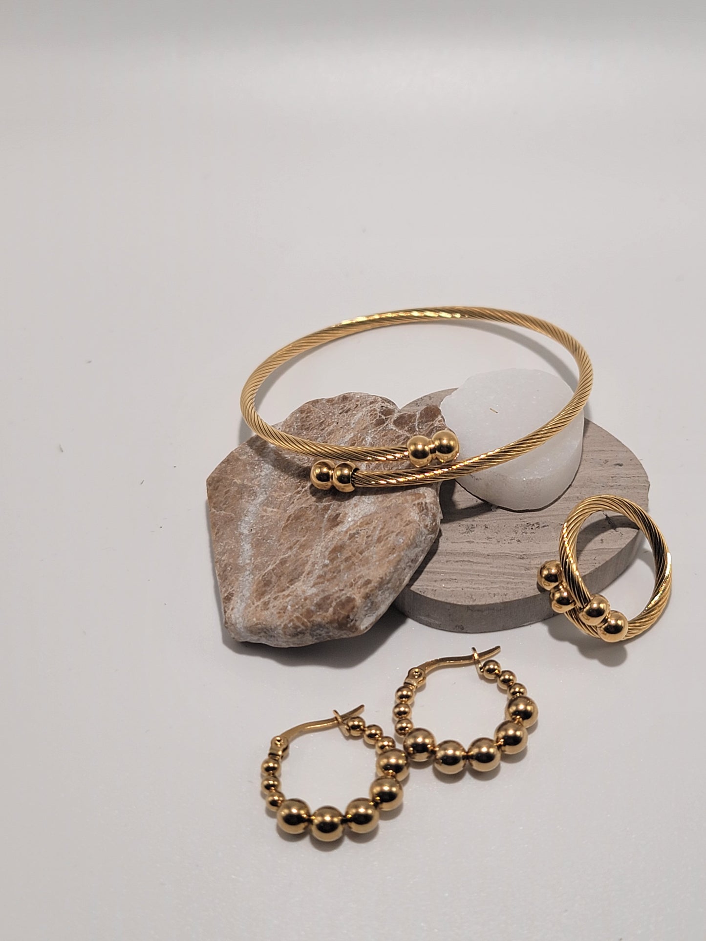 Set de Sortija, pulsera y pantallas, Stainless Steel, Oro, Set de 3 piezas