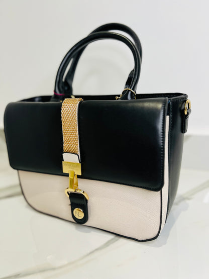 Cartera de mano, Negra & Crema con detalles en Oro - Nicole Lee